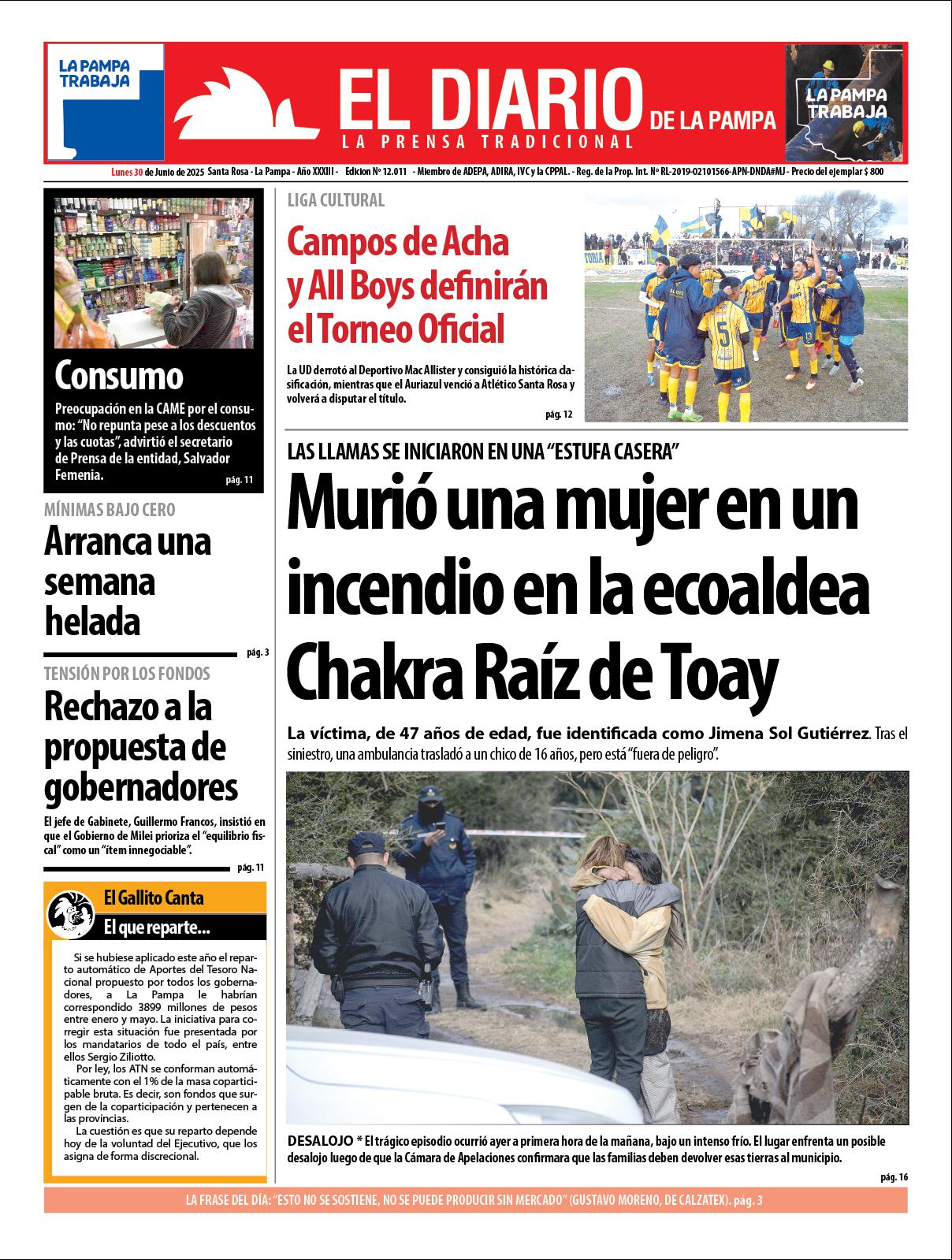 Tapa de El Diario en papel  lunes 30 de junio de 2025